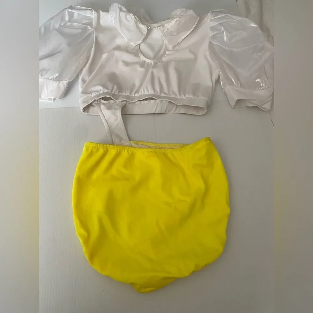 Glamorous solo dance costume white yellow 2 piece embellished puff sleeve LA
